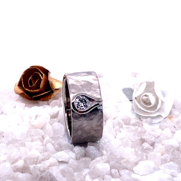 white gold forged ring with diamond